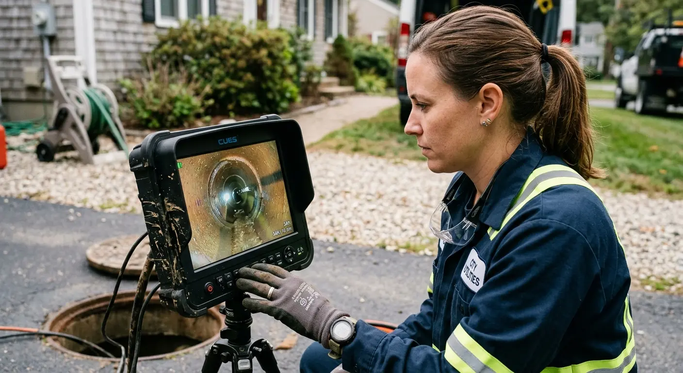 Technician reviewing sewer camera inspection footage in Eucalyptus Hills