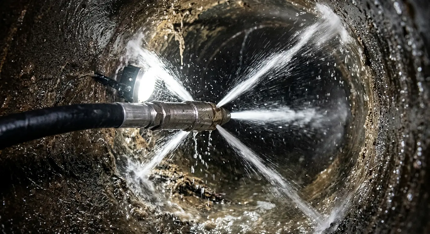 High-pressure hydro jetting nozzle cleaning sewer pipe for Trenchless Sewer Repair in Eucalyptus Hills