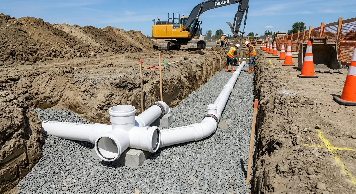 New PVC sewer pipe installation in open trench for Grease Trap Cleaning in Eucalyptus Hills