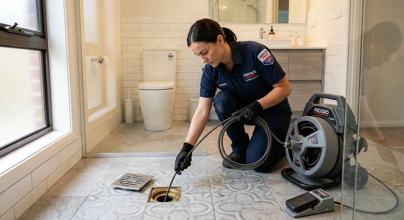 Technician clearing a bathroom floor drain for Sewer Line Replacement in Eucalyptus Hills